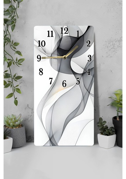 Temperli Cam Tablo Saat – Siyah Beyaz Dalga Desenli Modern Tasarım (30X60 Cm) – Uv Baskı– CUSD108