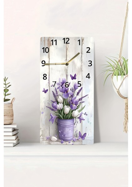 Mor Lale ve Iris Çiçekleri Desenli Temperli Cam Tablo Saat – 30×60 cm Hd Uv Baskı– CUSD215