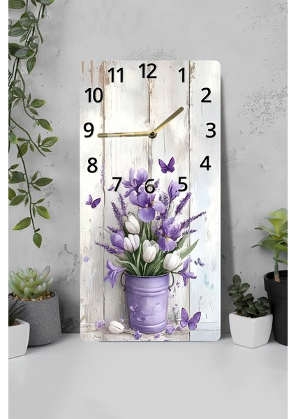 Mor Lale ve Iris Çiçekleri Desenli Temperli Cam Tablo Saat – 30×60 cm Hd Uv Baskı– CUSD215