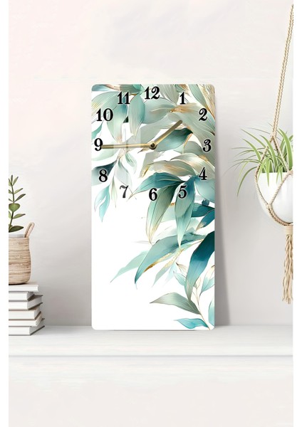 Tropikal Yaprak Desenli Temperli Cam Tablo Saat – 30×60 cm Hd Uv Baskı– CUSD208