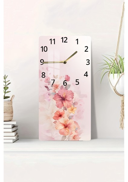 Pembe Çiçek Desenli Temperli Cam Tablo Saat – 30×60 cm Hd Uv Baskı– CUSD205