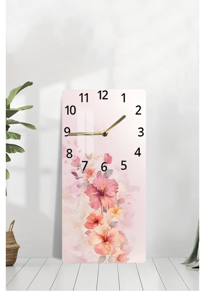 Pembe Çiçek Desenli Temperli Cam Tablo Saat – 30×60 cm Hd Uv Baskı– CUSD205 modelleri