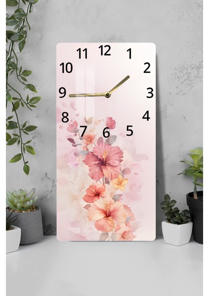 Pembe Çiçek Desenli Temperli Cam Tablo Saat – 30×60 cm Hd Uv Baskı– CUSD205