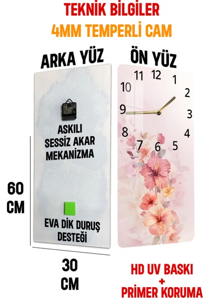 Pembe Çiçek Desenli Temperli Cam Tablo Saat – 30×60 cm Hd Uv Baskı– CUSD205