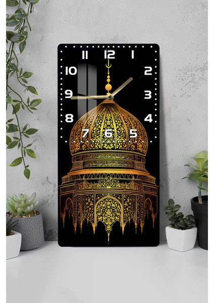 Altın Kubbe Desenli Temperli Cam Tablo Saat – 30X60 cm | Hd Uv Baskı– CUSD171