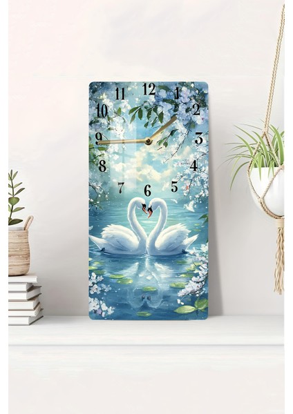 Aşkın ve Zarafetin Simgesi Kuğu Temalı Temperli Cam Tablo Saat – 30X60 cm | Hd Uv Baskı– CUSD154