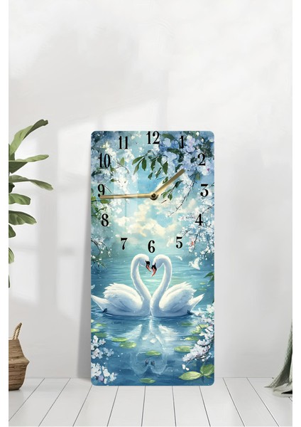 Aşkın ve Zarafetin Simgesi Kuğu Temalı Temperli Cam Tablo Saat – 30X60 cm | Hd Uv Baskı– CUSD154 modelleri