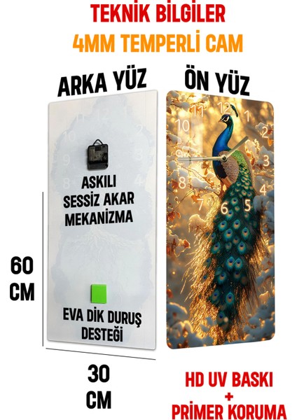 Temperli Cam Tablo Saat – 30X60 cm – Şık ve Modern Tasarım – CUSD031