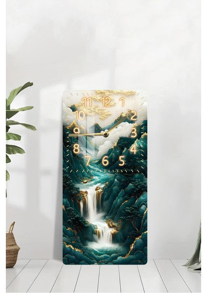 Temperli Cam Tablo Saat – Şelale ve Dağ Manzaralı 30X60CM Uv Baskı – CUSD005 modelleri
