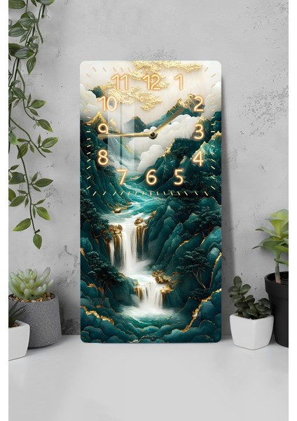 Temperli Cam Tablo Saat – Şelale ve Dağ Manzaralı 30X60CM Uv Baskı – CUSD005