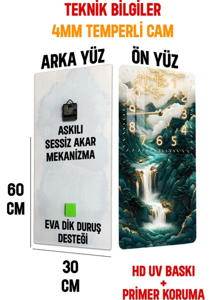 Temperli Cam Tablo Saat – Şelale ve Dağ Manzaralı 30X60CM Uv Baskı – CUSD005