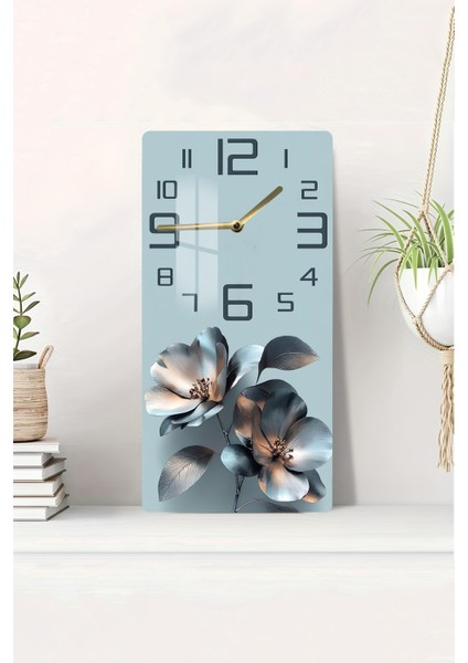 Mavi Gümüş Çiçek Desenli Temperli Cam Tablo Saat 30×60 cm Hd Uv Baskı– CUSD242