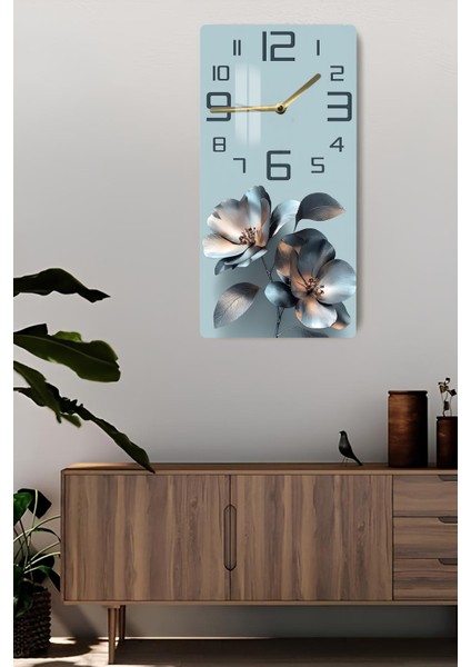 Mavi Gümüş Çiçek Desenli Temperli Cam Tablo Saat 30×60 cm Hd Uv Baskı– CUSD242 fiyatları
