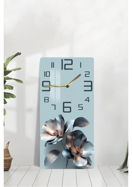 Mavi Gümüş Çiçek Desenli Temperli Cam Tablo Saat 30×60 cm Hd Uv Baskı– CUSD242 modelleri