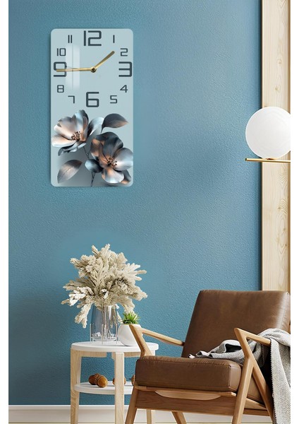 Mavi Gümüş Çiçek Desenli Temperli Cam Tablo Saat 30×60 cm Hd Uv Baskı– CUSD242 fırsatları