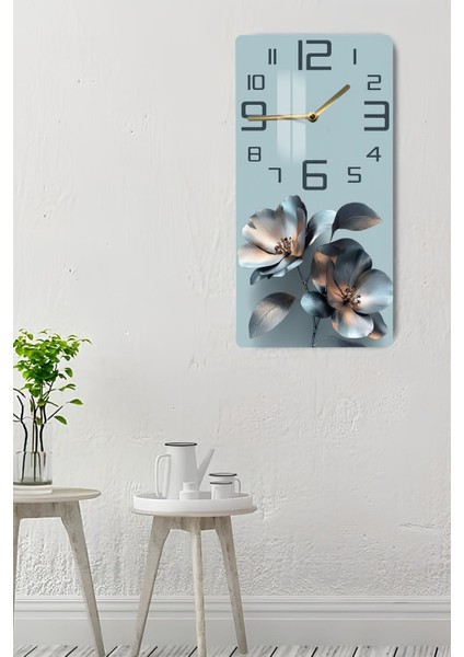 Mavi Gümüş Çiçek Desenli Temperli Cam Tablo Saat 30×60 cm Hd Uv Baskı– CUSD242 indirimleri