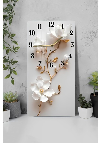 Mavi Gümüş Çiçek Desenli Temperli Cam Tablo Saat 30×60 cm Hd Uv Baskı– CUSD242