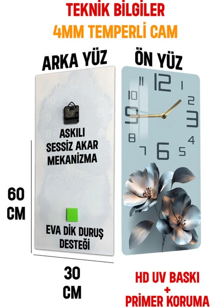 Mavi Gümüş Çiçek Desenli Temperli Cam Tablo Saat 30×60 cm Hd Uv Baskı– CUSD242