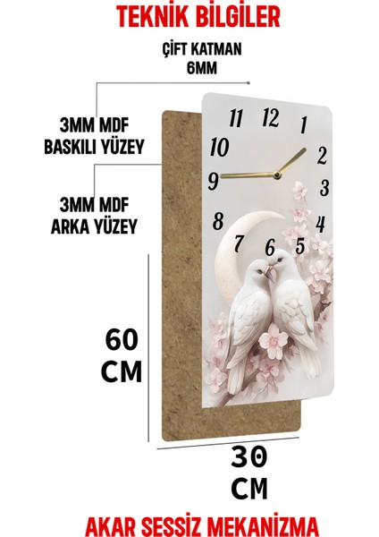 Uv Baskı Mdf Tablo Saat – 30X60 cm Ebatında – Romantik Güvercin Tasarımı– USD245