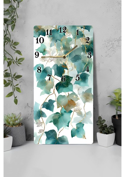 Turkuaz Yaprak Desenli Temperli Cam Tablo Saat – 30×60 cm Hd Uv Baskı– CUSD209