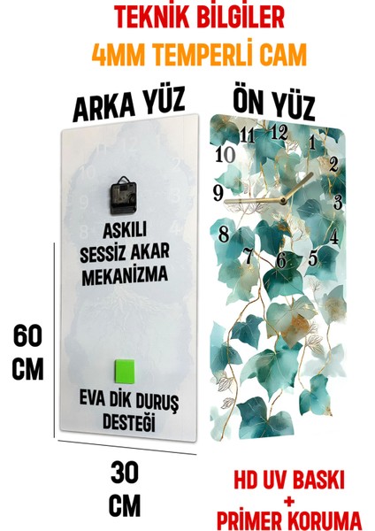 Turkuaz Yaprak Desenli Temperli Cam Tablo Saat – 30×60 cm Hd Uv Baskı– CUSD209