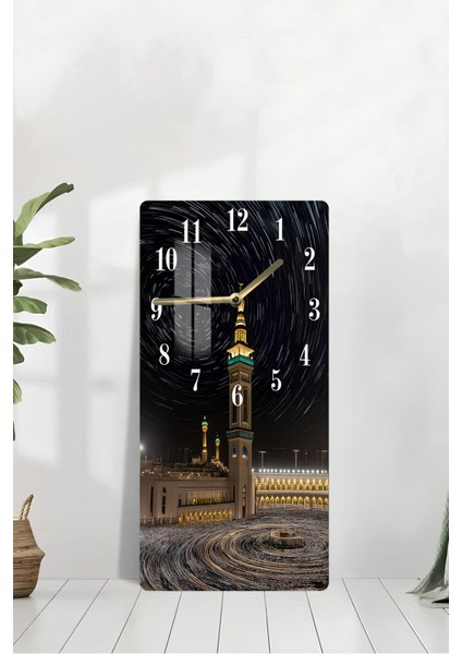 Kâbe Gece Gökyüzü Manzaralı Temperli Cam Tablo Saat 30X60 cm | Hd Uv Baskı– CUSD182 modelleri