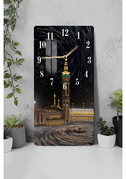 Kâbe Gece Gökyüzü Manzaralı Temperli Cam Tablo Saat 30X60 cm | Hd Uv Baskı– CUSD182