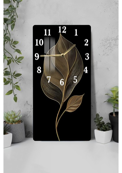 Temperli Cam Tablo Saat – Siyah Zeminli Altın Yaprak Desenli Tasarım (33×33 Cm)– Uv Baskı– CUSD121