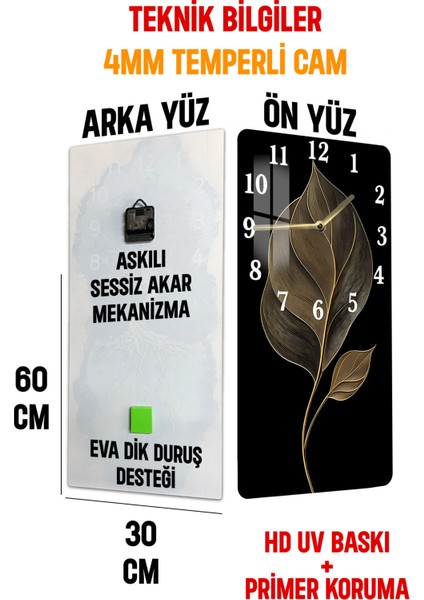 Temperli Cam Tablo Saat – Siyah Zeminli Altın Yaprak Desenli Tasarım (33×33 Cm)– Uv Baskı– CUSD121
