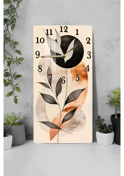 Temperli Cam Tablo Saat – Bej & Siyah Yaprak Desenli Minimal Tasarım (33×33 Cm) Uv Baskı– CUSD097