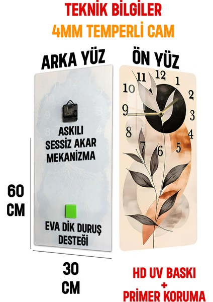 Temperli Cam Tablo Saat – Bej & Siyah Yaprak Desenli Minimal Tasarım (33×33 Cm) Uv Baskı– CUSD097