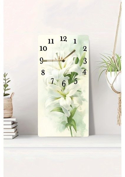 Beyaz Zambaklar Temalı Temperli Cam Duvar Saati – 33X33 cm – Hd Uv Baskı– CUSD071