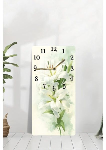 Beyaz Zambaklar Temalı Temperli Cam Duvar Saati – 33X33 cm – Hd Uv Baskı– CUSD071 modelleri