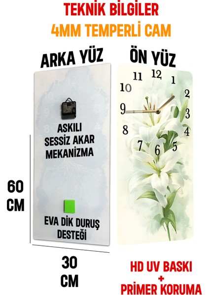 Beyaz Zambaklar Temalı Temperli Cam Duvar Saati – 33X33 cm – Hd Uv Baskı– CUSD071