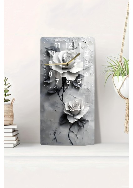 Gümüş Güller Temalı Temperli Cam Duvar Saati – 33X33 cm – Sessiz Mekanizma & Hd Uv Baskı– CUSD062