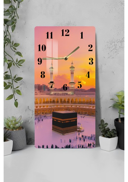 Kâbe Gün Batımı Manzaralı Temperli Cam Tablo Saat 30X60 cm | Hd Uv Baskı– CUSD183