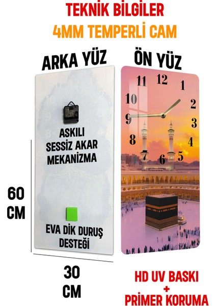 Kâbe Gün Batımı Manzaralı Temperli Cam Tablo Saat 30X60 cm | Hd Uv Baskı– CUSD183