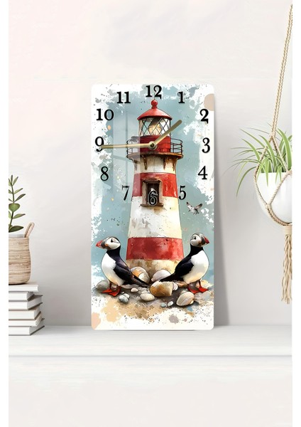 Deniz Feneri ve Deniz Kuşları Temalı Temperli Cam Tablo Saat – 30X60 cm | Hd Uv Baskı– CUSD156