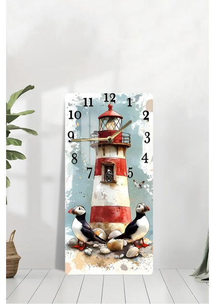 Deniz Feneri ve Deniz Kuşları Temalı Temperli Cam Tablo Saat – 30X60 cm | Hd Uv Baskı– CUSD156 modelleri