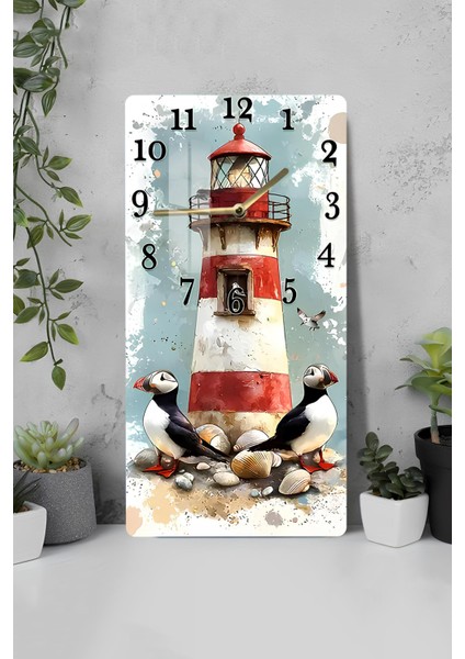Deniz Feneri ve Deniz Kuşları Temalı Temperli Cam Tablo Saat – 30X60 cm | Hd Uv Baskı– CUSD156