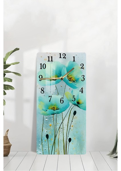 Turkuaz Çiçekler Desenli Temperli Cam Tablo Saat – 30X60 cm Hd Uv Baskı– CUSD162 modelleri