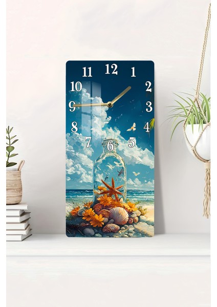 Deniz Kabuğu ve Yıldız Temalı Temperli Cam Duvar Saati – 30X60 cm Hd Uv Baskı– CUSD060