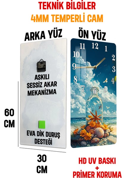 Deniz Kabuğu ve Yıldız Temalı Temperli Cam Duvar Saati – 30X60 cm Hd Uv Baskı– CUSD060