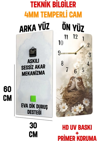 Temperli Cam Tablo Saat – Kuş Yuvası ve Çiçek Desenli Romantik Tasarım (30X60CM)– Uv Baskı– CUSD102