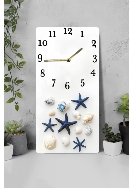 Deniz Yıldızlı ve Kabuklu Temperli Cam Tablo Saat – 33X33 cm | Hd Uv Baskı– CUSD082