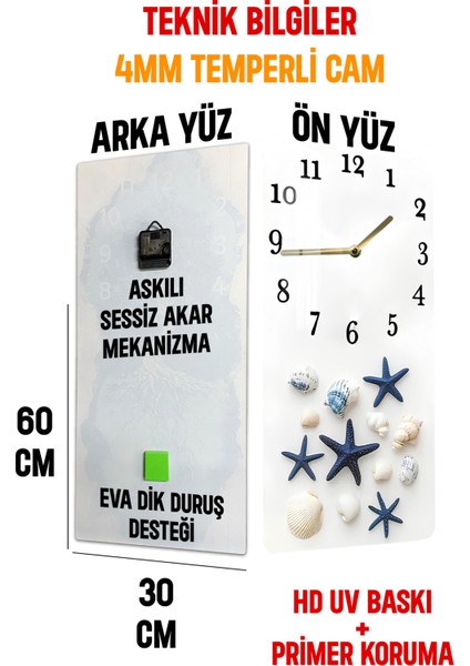 Deniz Yıldızlı ve Kabuklu Temperli Cam Tablo Saat – 33X33 cm | Hd Uv Baskı– CUSD082
