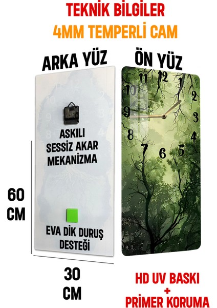 Doğa Manzaralı Yeşil Orman Temalı Temperli Cam Tablo Saat 30×60 Cm– CUSD243