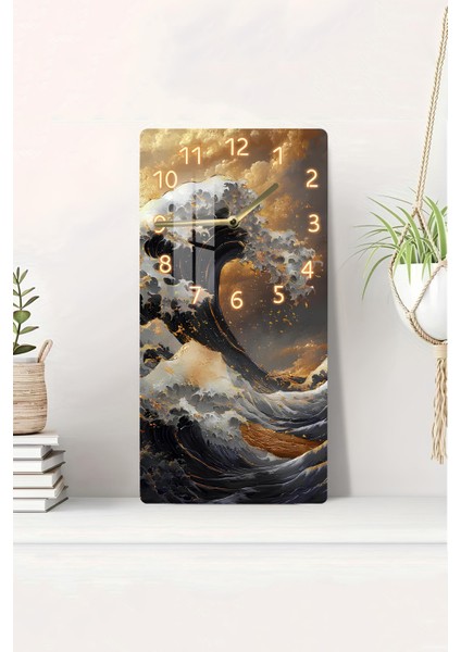 Temperli Cam Tablo Saat –altın Yansımalarla Japon Dalga Temalı Tasarım (30X60 Cm)– Uv Baskı– CUSD112