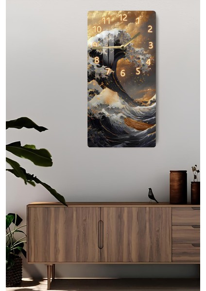 Temperli Cam Tablo Saat –altın Yansımalarla Japon Dalga Temalı Tasarım (30X60 Cm)– Uv Baskı– CUSD112 fiyatları