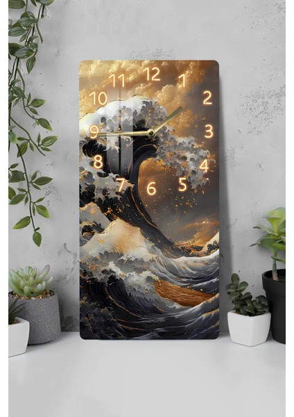 Temperli Cam Tablo Saat –altın Yansımalarla Japon Dalga Temalı Tasarım (30X60 Cm)– Uv Baskı– CUSD112